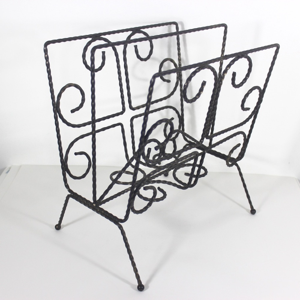 Mid Mod Twisted Black Metal Wire Magazine Rack, Office File Holder, Vintage